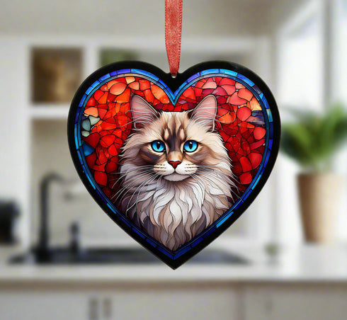Ragdoll Cat Stained Glass Effect Heart Suncatcher